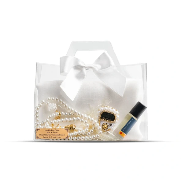 Tesbih + Eşarp + Zikirmatik + Esans Hediye Seti (Çantalı Asetat Kutu, Krem)