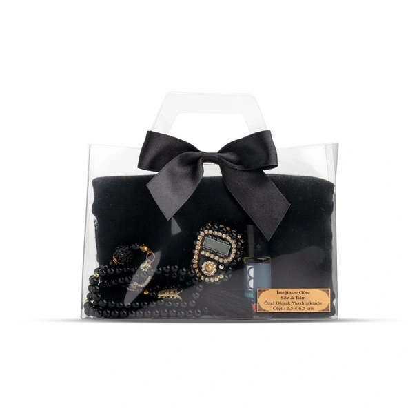 Tesbih + Eşarp + Zikirmatik + Esans Hediye Seti (Çantalı Asetat Kutu, Siyah)