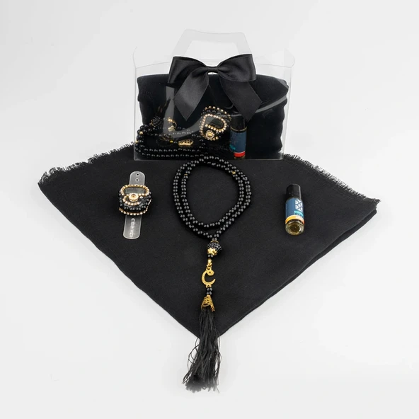 Tesbih + Eşarp + Zikirmatik + Esans Hediye Seti (Çantalı Asetat Kutu, Siyah) - 2