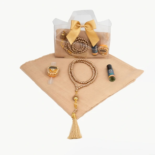 Tesbih + Eşarp + Zikirmatik + Esans Hediye Seti (Çantalı Asetat Kutu, Gold) - 2