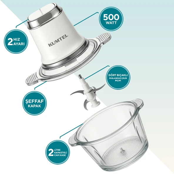 Kumtel 2in1 Çok Amaçlı Cam Ve Çelik Hazneli Doğrayıcı HCH-21 - Resim 2