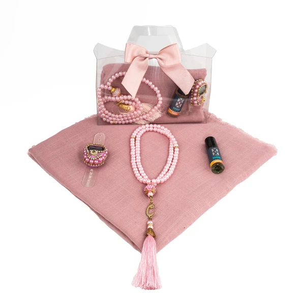 Tesbih + Eşarp + Zikirmatik + Esans Hediye Seti (Çantalı Asetat Kutu, Pembe) - 2