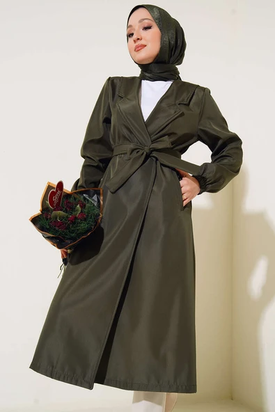 Düğmesiz Model Kuşaklı Trençkot Haki ürün görseli 1