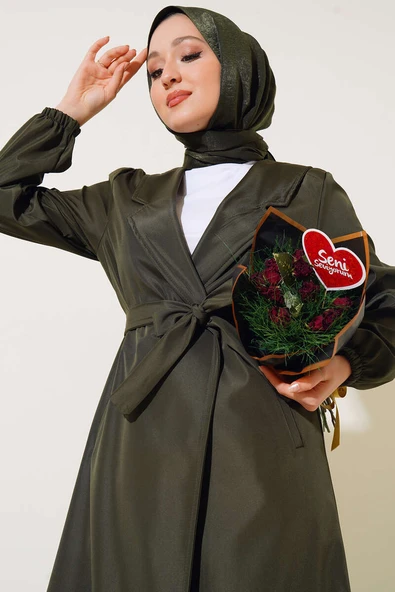 Düğmesiz Model Kuşaklı Trençkot Haki - Resim 2