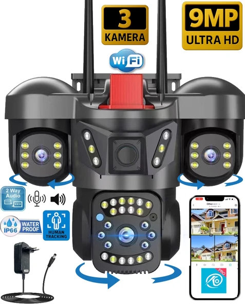 O-Kam 5011 9MP 3 Lensli Akıllı Güvenlik Kamerası Wifi Gece Görüş Sesli Kişi Takibi ürün görseli 1