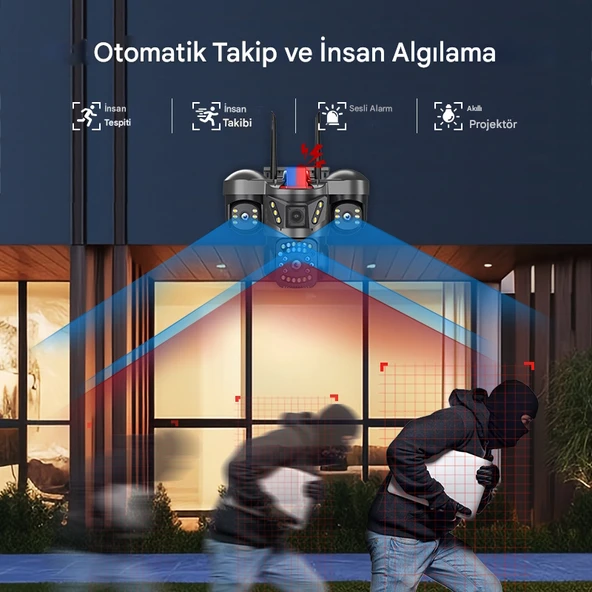 O-Kam 5011 9MP 3 Lensli Akıllı Güvenlik Kamerası Wifi Gece Görüş Sesli Kişi Takibi - Resim 2