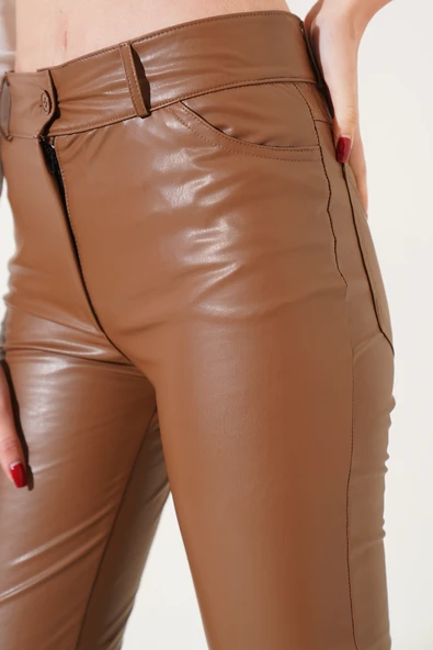 Dar Paça Deri Pantolon Taba - Resim 4