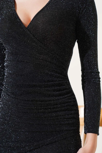 V Yaka Simli Mini Elbise Siyah - Resim 4