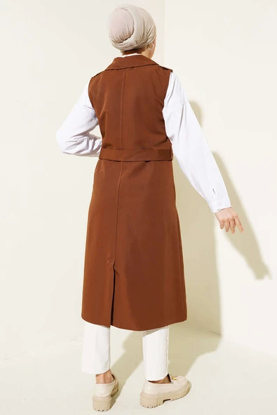 Kuşaklı Sıfır Kol Trençkot Kahve - Resim 3