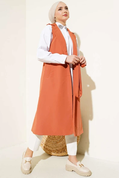 Kuşaklı Sıfır Kol Trençkot Kiremit - Resim 2