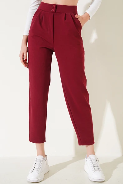 Düğmeli Dar Paça Pantolon Bordo