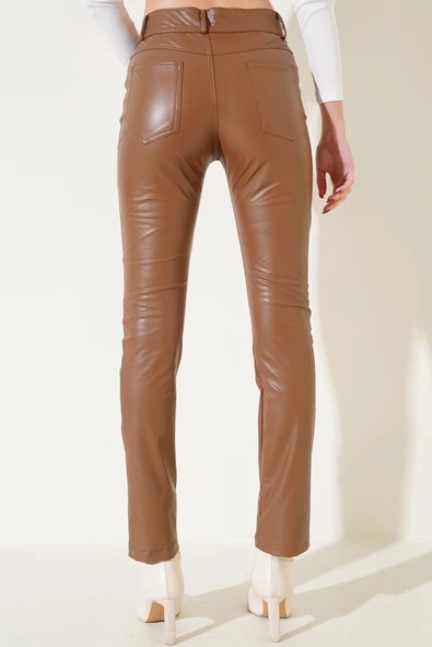 Dar Paça Deri Pantolon Taba - Resim 3