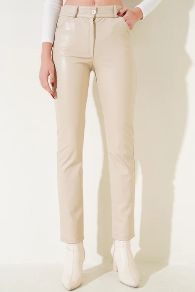 Dar Paça Deri Pantolon Bej ürün görseli
