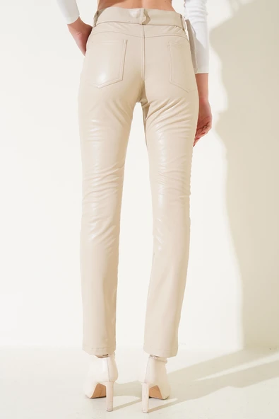 Dar Paça Deri Pantolon Bej - Resim 3