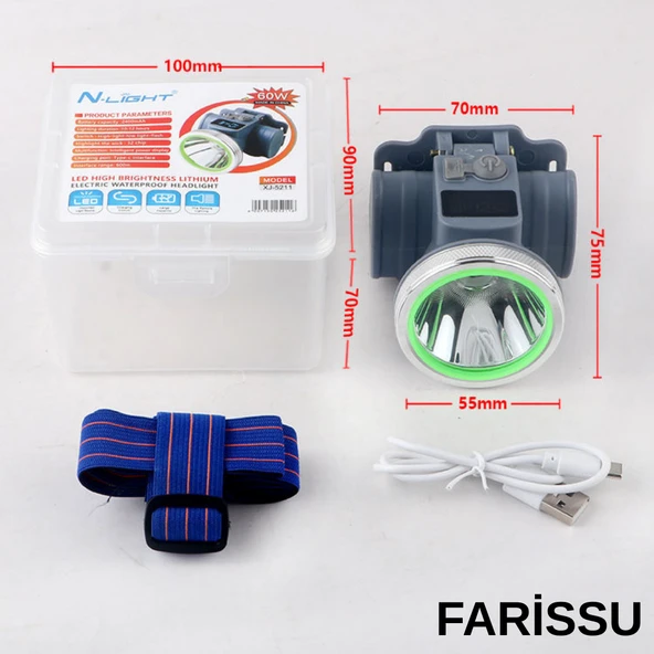 Ultra Güçlü 60W  Dijital Göstergeli Kafa Feneri – Şarjlı, Su Geçirmez, 3 Modlu - 5