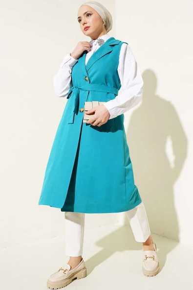 Kuşaklı Sıfır Kol Trençkot Petrol Yeşili - Resim 2