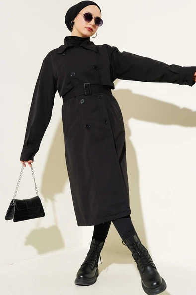 Kuşaklı  Düğmeli Kruvaze Yaka Trençkot Siyah ürün görseli 1