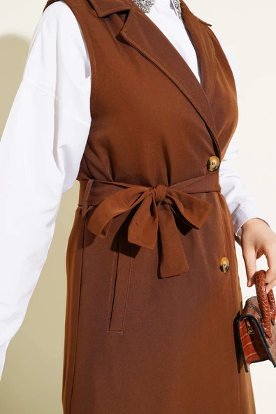 Kuşaklı Sıfır Kol Trençkot Kahve - Resim 4