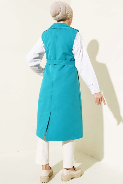 Kuşaklı Sıfır Kol Trençkot Petrol Yeşili - Resim 3