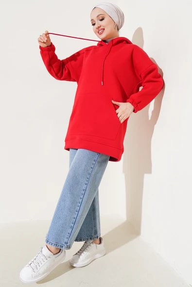 Kapüşonlu Oversize Üç İplik Tunik Kırmızı - 2