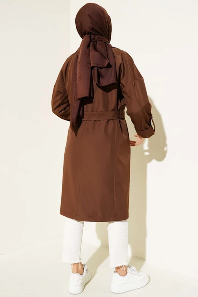 İki Düğmeli Bel Kuşaklı Trençkot Kahve - Resim 3