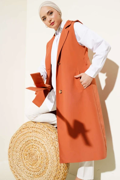 Kuşaklı Sıfır Kol Trençkot Kiremit ürün görseli 1