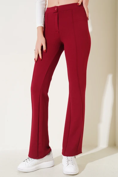 İspanyol Paça Çımalı Pantolon Bordo - Resim 2