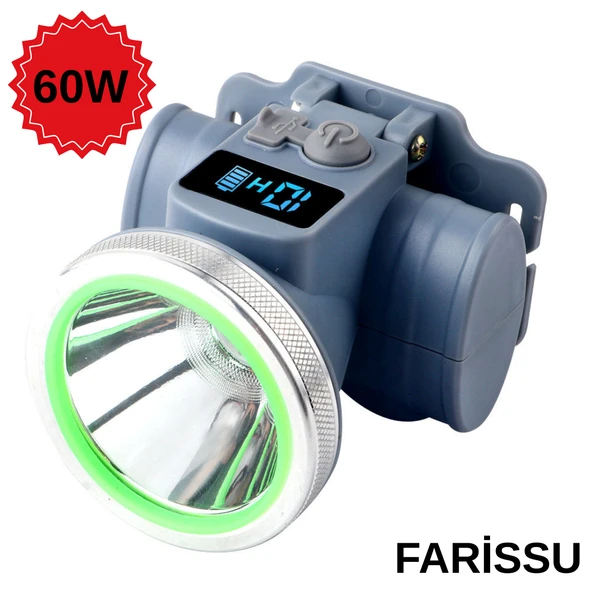 Ultra Güçlü 60W  Dijital Göstergeli Kafa Feneri – Şarjlı, Su Geçirmez, 3 Modlu