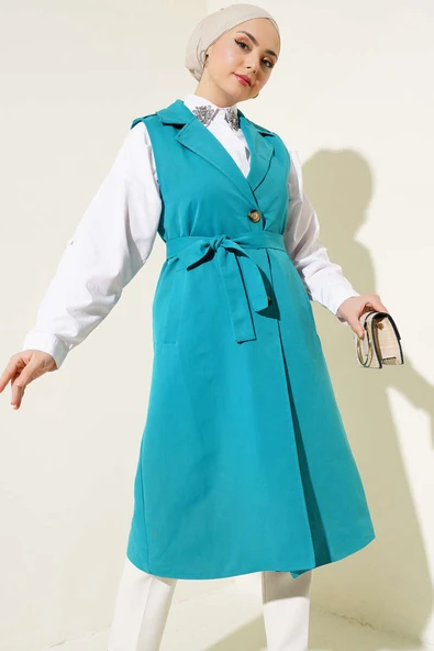 Kuşaklı Sıfır Kol Trençkot Petrol Yeşili ürün görseli 1