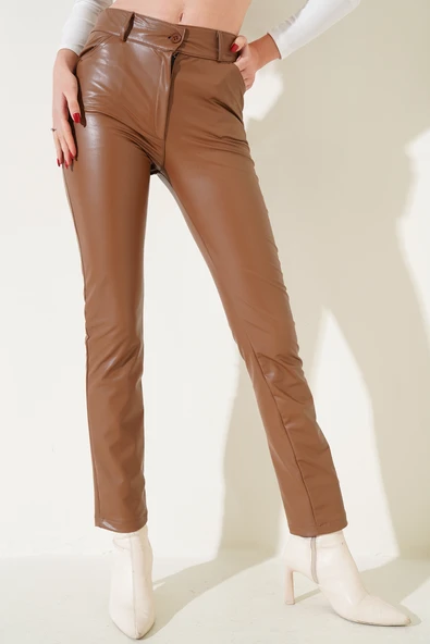 Dar Paça Deri Pantolon Taba - Resim 2