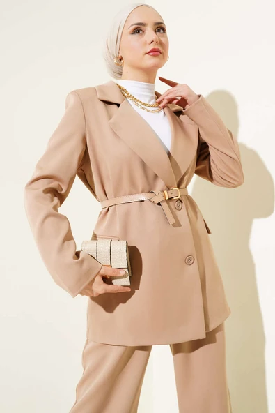 Kemerli Blazer Ceketli İkili Takım Bisküvi - Resim 2