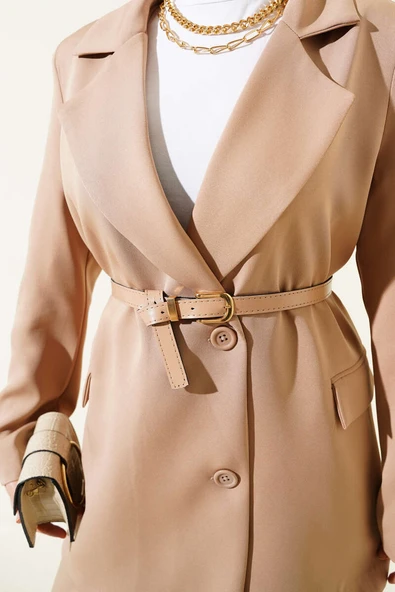 Kemerli Blazer Ceketli İkili Takım Bisküvi - Resim 4