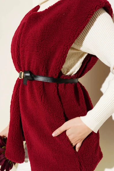 Kemerli Peluş Yelek Bordo - Resim 4