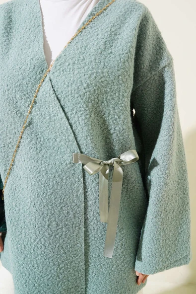 Önü Kurdeleli Buklet Ceket Mint - Resim 4