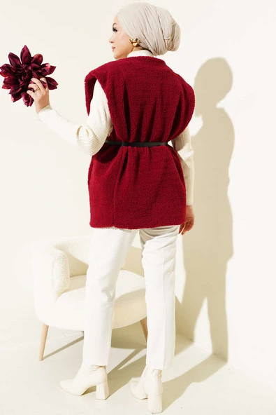 Kemerli Peluş Yelek Bordo - Resim 3
