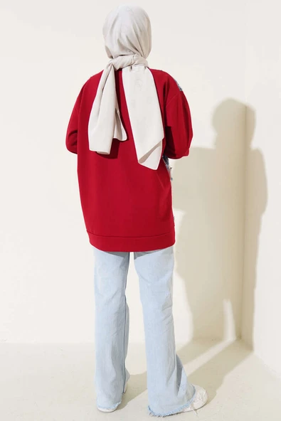 Tül Çiçekli İki İplik Tunik Bordo - Resim 3