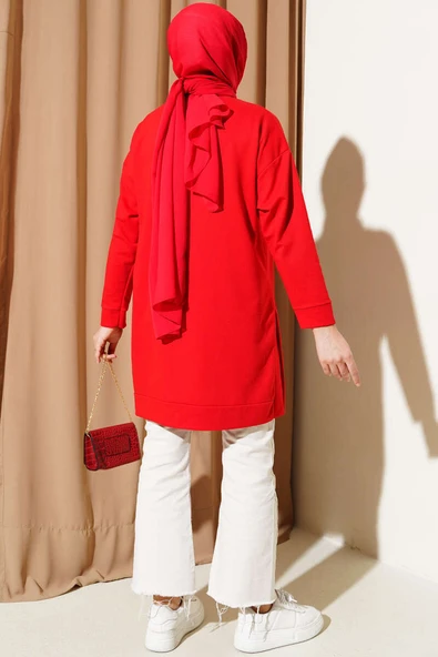 Kanguru Cepli İki İplik Tunik Kırmızı - Resim 3