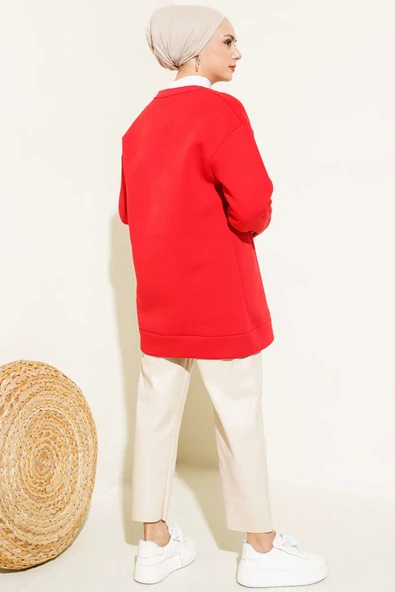 Önü Çımalı Üç İplik Tunik Kırmızı - Resim 3
