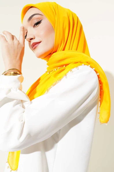 Kenarları Boncuk İşlemeli Yazma Hardal ürün görseli 1