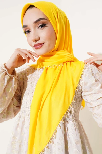 Kenarları Boncuk İşlemeli Yazma Eşarp Sarı - 2