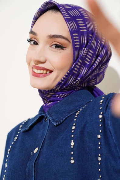 Kibrit Desen Yazma Eşarp Mor - 1