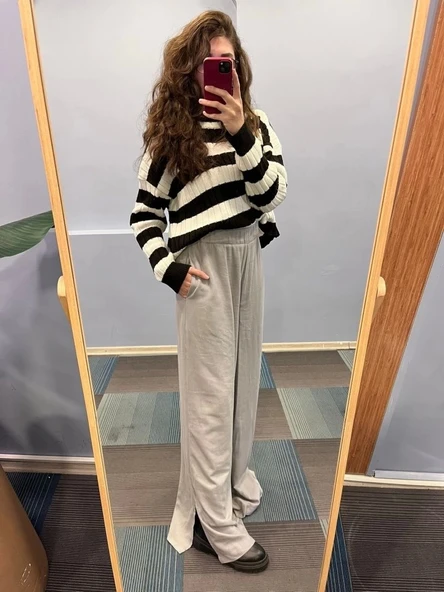 Keten Bel Lasti̇kli̇ Yirtmaç Detayli Pantolon