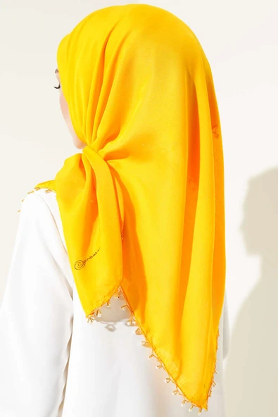 Kenarları Boncuk İşlemeli Yazma Hardal - Resim 3