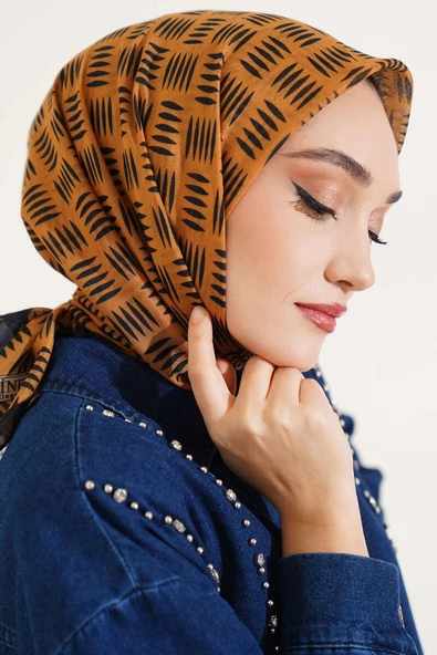 Kibrit Desen Yazma Eşarp Hardal