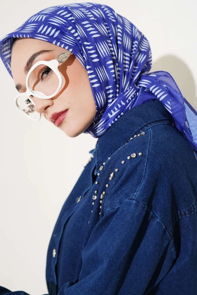 Kibrit Desen Yazma Eşarp Saks - 2