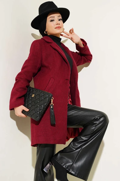 Kruvaze Yaka Astarlı Kaşe Kaban Bordo ürün görseli 1