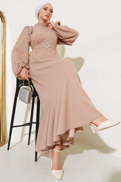 Omuz Pileli Taşlı Elbise Camel
