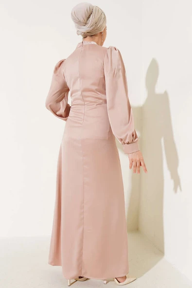 Yandan Bağlamalı Saten Elbise Pudra - Resim 3