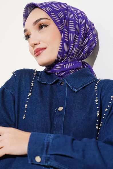 Kibrit Desen Yazma Eşarp Mor - 2