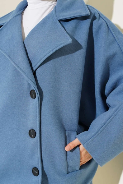 Yarasa Kol Kısa Kaşe Kaban İndigo - Resim 4